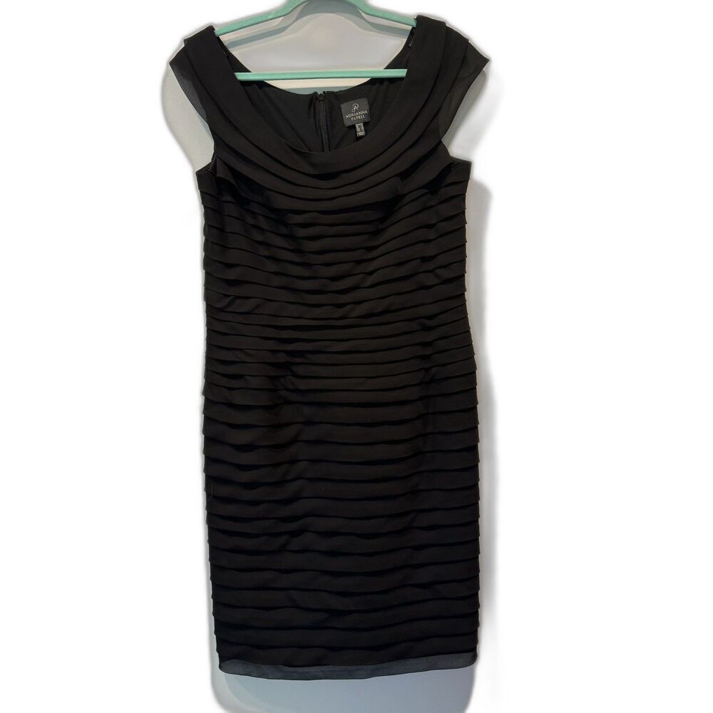 Adrianna Papell Pleated Sheath Cocktail Dress Black Sleeveless Knee Length Sz 14